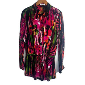 Calvin Klein Bold Abstract Long Sleeve Drawstring Waist Tunic Top Blouse Size MD